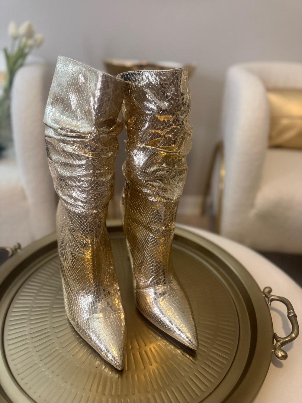Azalea NWT Metallic Gold Knee-High Pointed Toe Boots